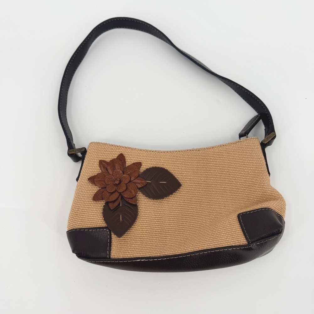 Beige Woven Small Shoulder Bag Brown Leather Flower Applique